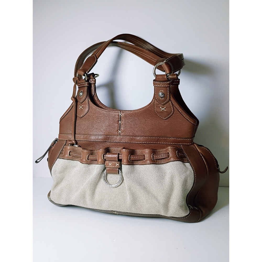 Brighton Brown Leather with Ivory Linen Front Shoulder Bag Silver Heart Charm